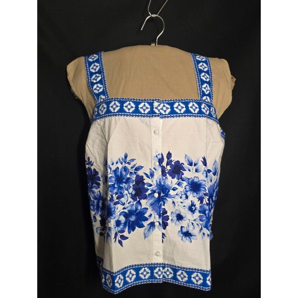 Land's End Women's Poplin Square Neck Tank Top, Blue/White Floral Mosaic NWT